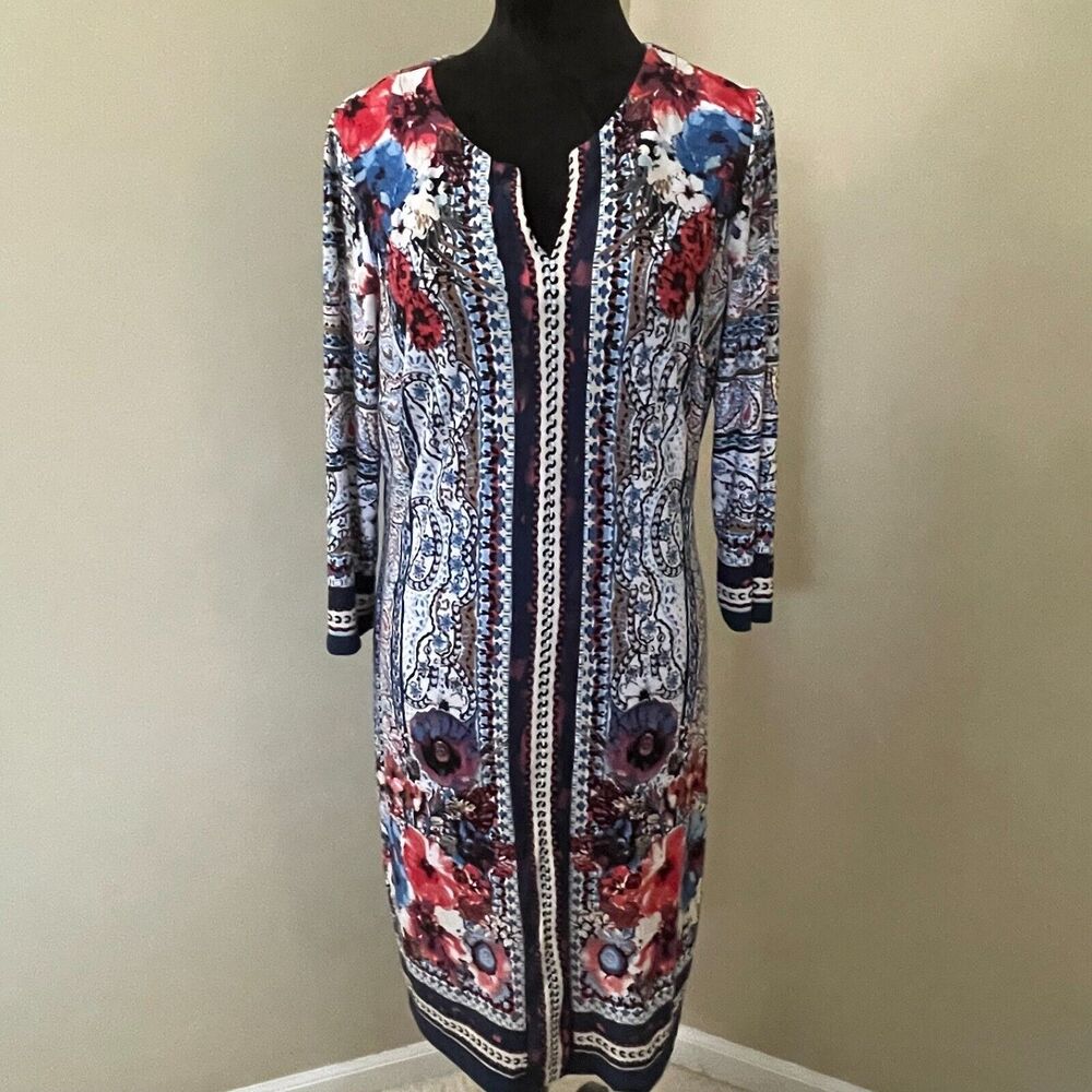 Beige By ECI Floral Dress Size 8 Split Neck Long Sleeve Shift Dress Red Colorful